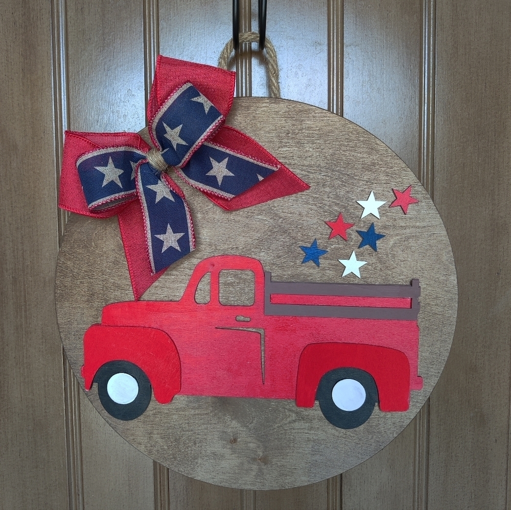 Red truck patriotic door hanger